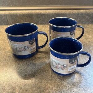 Stansport Enamel Coffee Mugs (set Of 3) 12 & 22 OZ Blue Lightweight For Camping